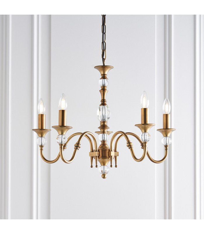 Polina 5 Light Multi Arm Ceiling Pendant Chandelier Antique Brass Crystal E14-2