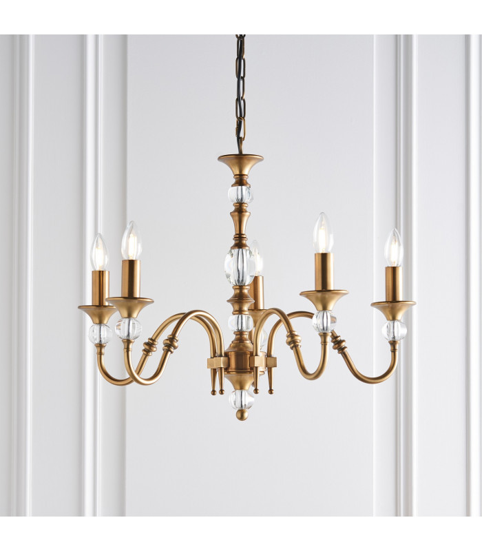 Polina 5 Light Multi Arm Ceiling Pendant Chandelier Antique Brass Crystal E14-3