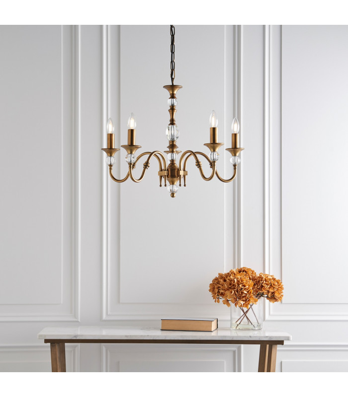 Polina 5 Light Multi Arm Ceiling Pendant Chandelier Antique Brass Crystal E14-4