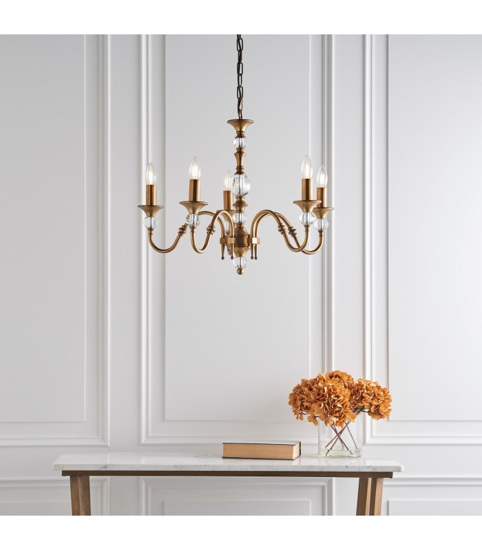 Polina 5 Light Multi Arm Ceiling Pendant Chandelier Antique Brass Crystal E14-5