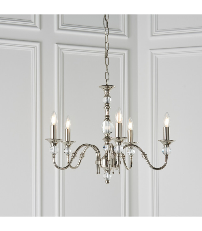 Polina 5 Light Multi Arm Ceiling Pendant Chandelier Polished Nickel Clear Crystal E14-3