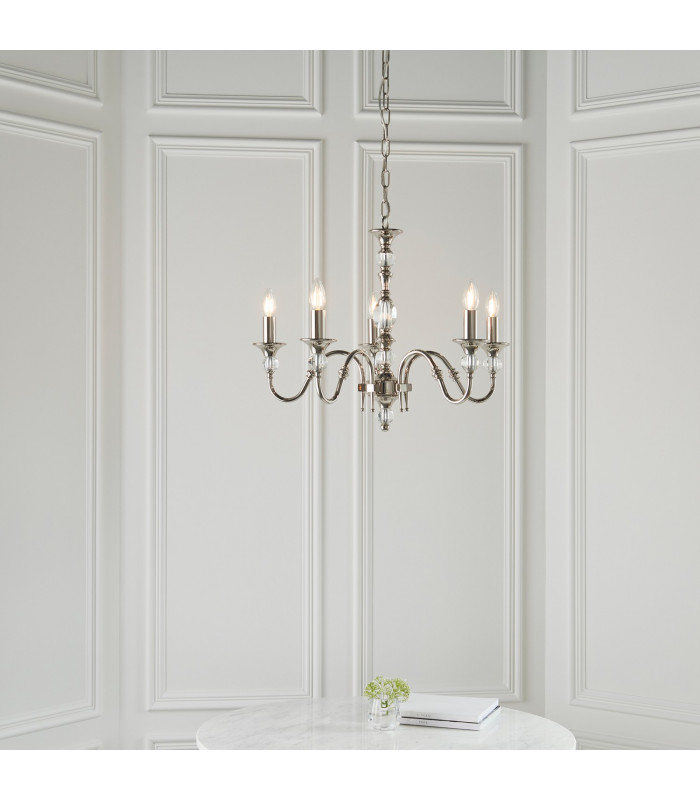 Polina 5 Light Multi Arm Ceiling Pendant Chandelier Polished Nickel Clear Crystal E14-4