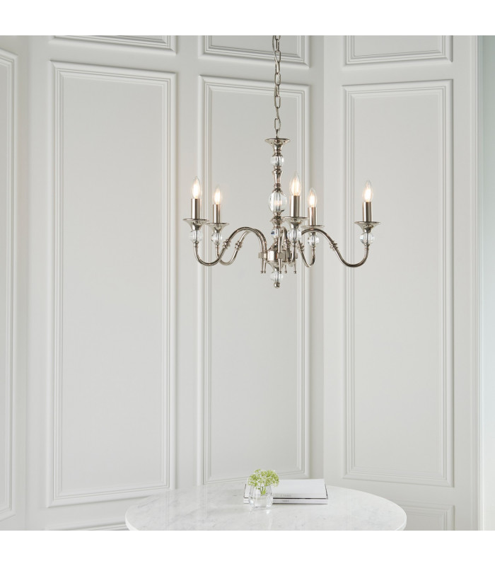 Polina 5 Light Multi Arm Ceiling Pendant Chandelier Polished Nickel Clear Crystal E14-5