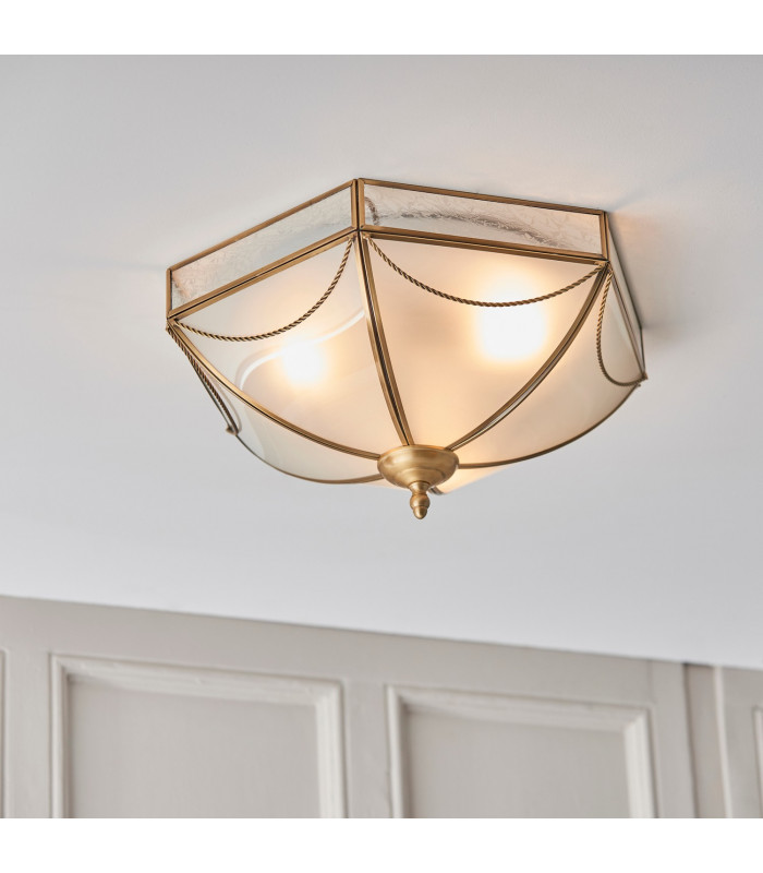 Russell 3 Light Ceiling Flush Light Antique Brass Frosted Glass E27-4