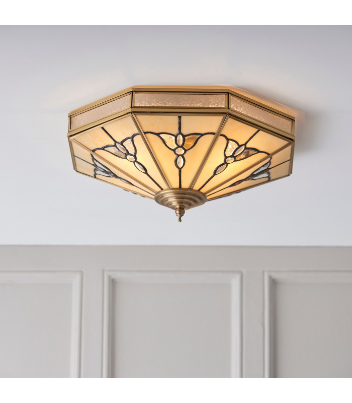 Gladstone 4 Light Ceiling Flush Light Antique Brass Tiffany Glass E27-2