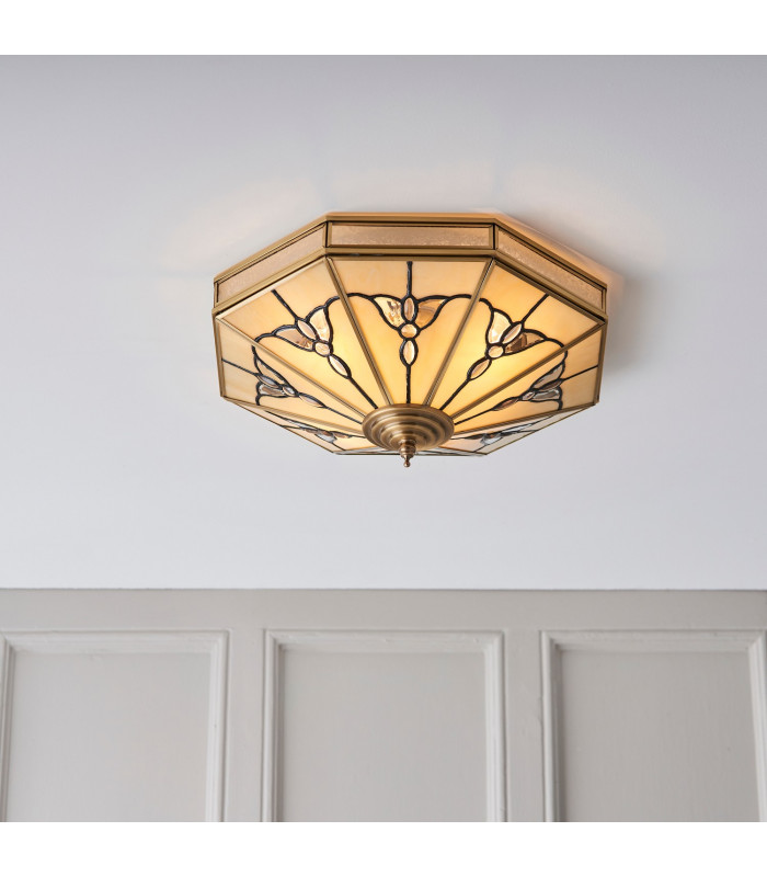 Gladstone 4 Light Ceiling Flush Light Antique Brass Tiffany Glass E27-3