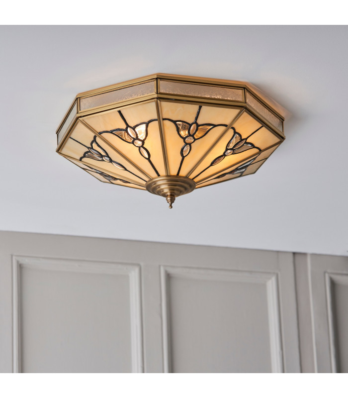 Gladstone 4 Light Ceiling Flush Light Antique Brass Tiffany Glass E27-4