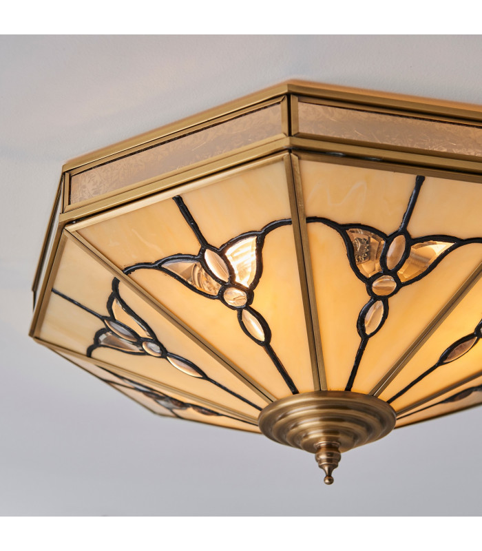 Gladstone 4 Light Ceiling Flush Light Antique Brass Tiffany Glass E27-6