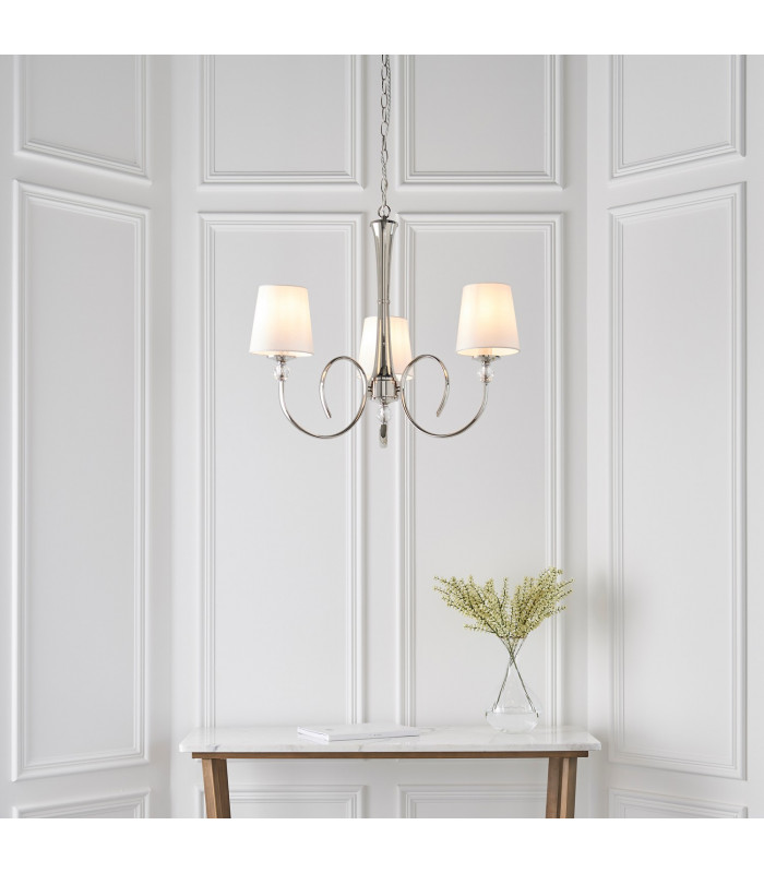 Fabia 3 Light Multi Arm Shade Pendant Polished Nickel Plate Vintage White Silk E14-3