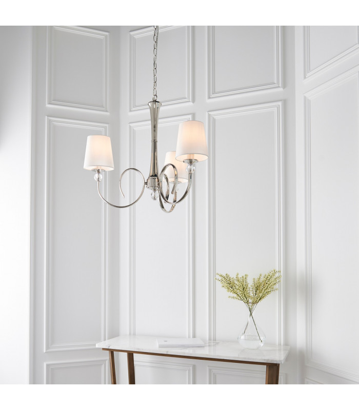 Fabia 3 Light Multi Arm Shade Pendant Polished Nickel Plate Vintage White Silk E14-4