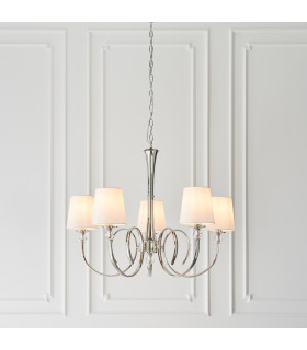 Fabia 5 Light Multi Arm Shade Pendant Polished Nickel Plate Vintage White Silk E14-2