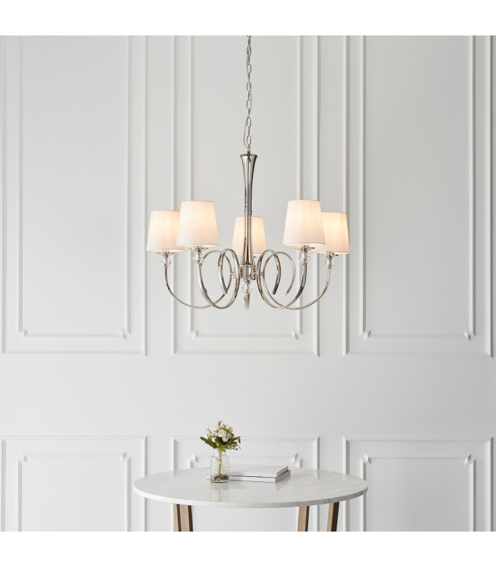 Fabia 5 Light Multi Arm Shade Pendant Polished Nickel Plate Vintage White Silk E14-3