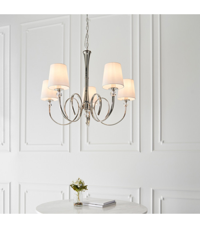 Fabia 5 Light Multi Arm Shade Pendant Polished Nickel Plate Vintage White Silk E14-4