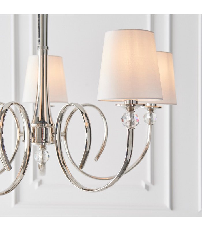 Fabia 5 Light Multi Arm Shade Pendant Polished Nickel Plate Vintage White Silk E14-5