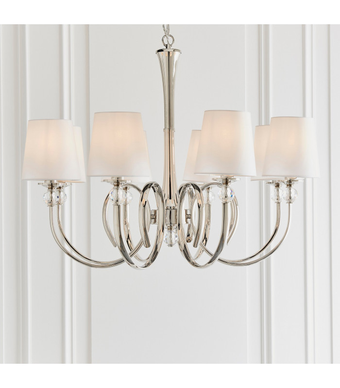 Fabia 8 Light Multi Arm Shade Pendant Polished Nickel Plate Vintage White Silk E14-2