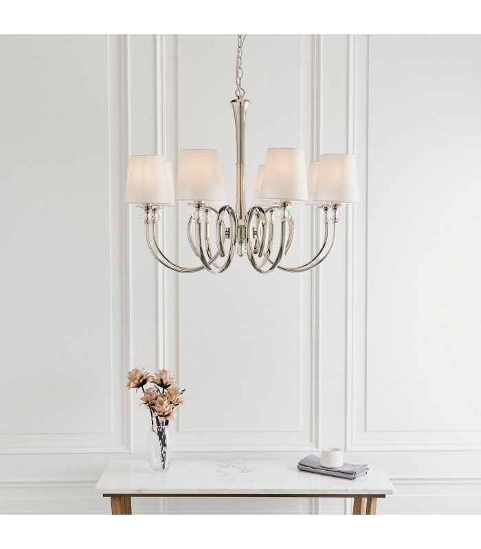 Fabia 8 Light Multi Arm Shade Pendant Polished Nickel Plate Vintage White Silk E14-3