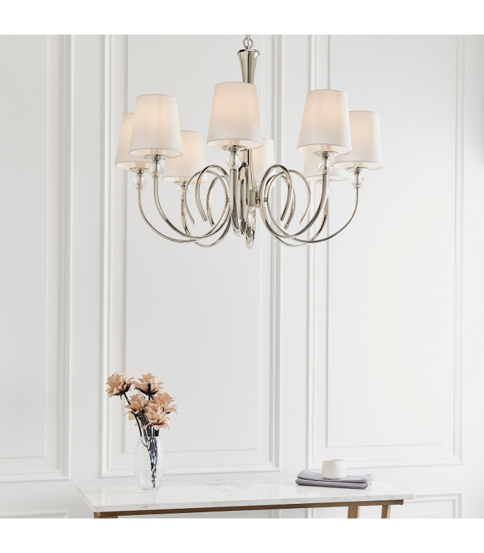 Fabia 8 Light Multi Arm Shade Pendant Polished Nickel Plate Vintage White Silk E14-4