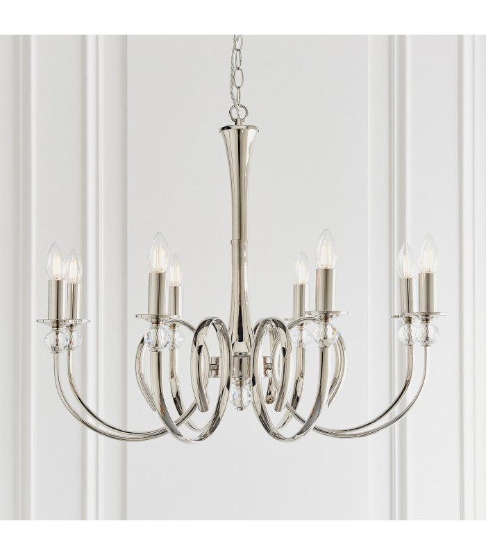 Fabia 8 Light Multi Arm Shade Pendant Polished Nickel Plate Vintage White Silk E14-8