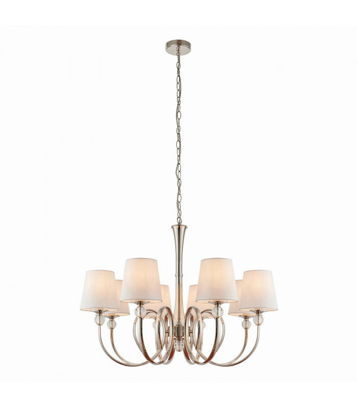 Fabia 8 Light Multi Arm Shade Pendant Polished Nickel Plate Vintage White Silk E14-9