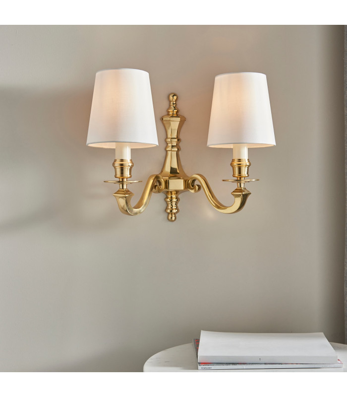 Fenbridge 2 Light Shade Candle Wall Light Solid Brass Vintage White Silk Shade E14-2
