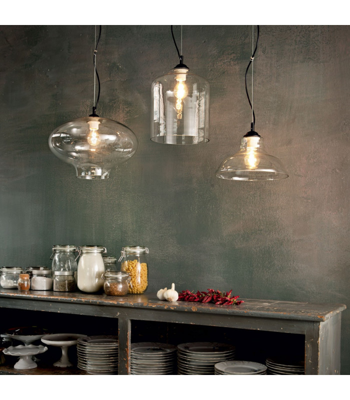 Bistro 1 Light Dome Ceiling Pendant Black Clear Blown Glass Square E27-2
