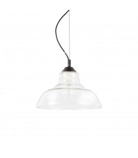 Bistro 1 Light Dome Ceiling Pendant Black Clear Blown Glass Plate E27-1