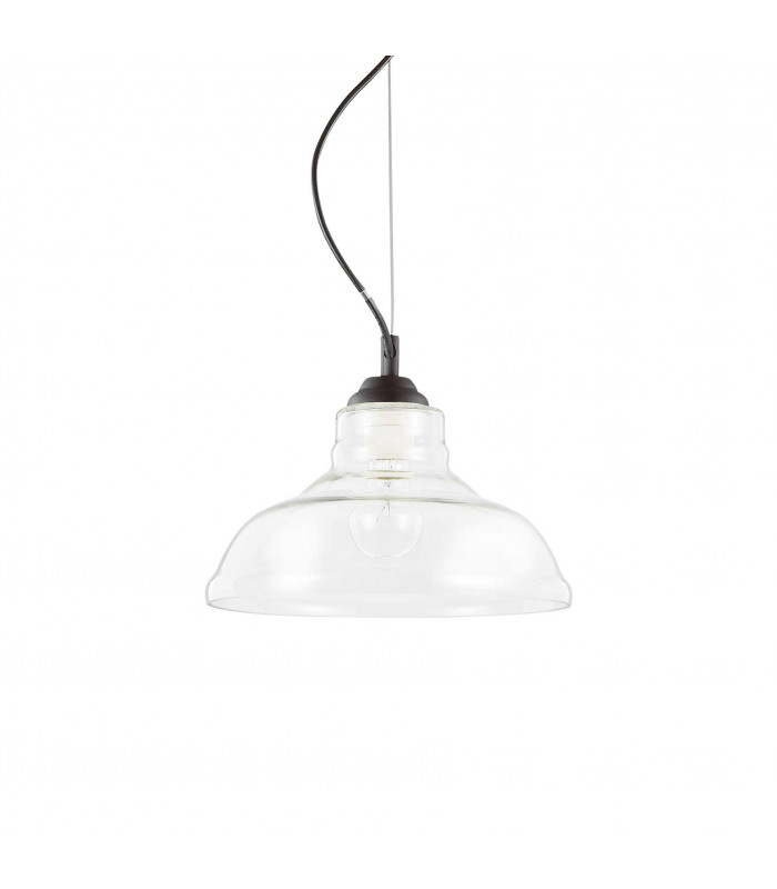 Bistro 1 Light Dome Ceiling Pendant Black Clear Blown Glass Plate E27-1