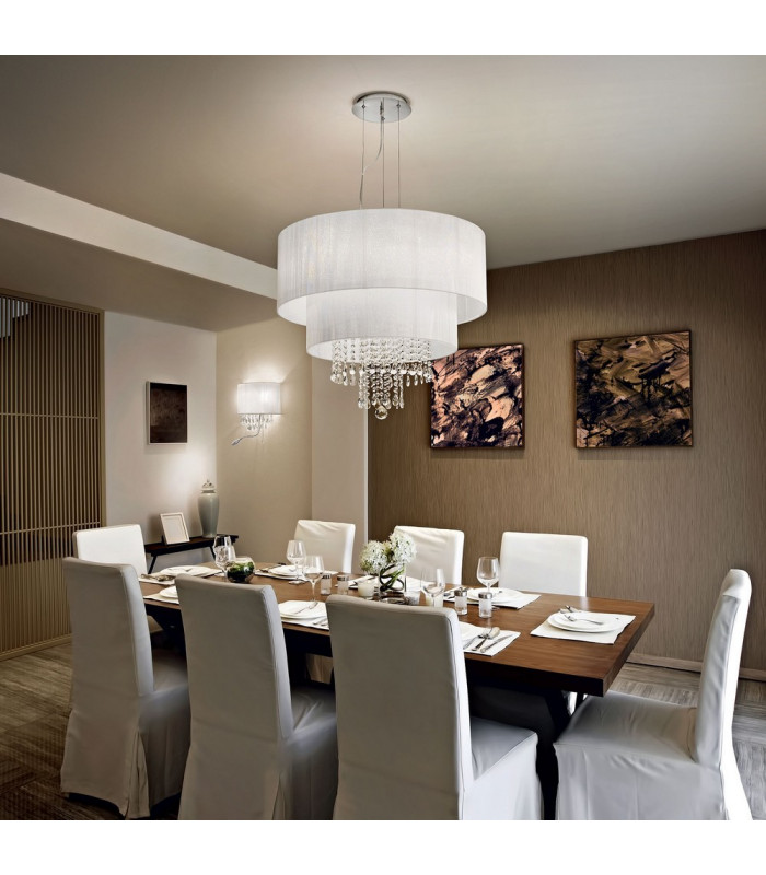 Opera  6 Light Ceiling Pendant Chrome, Crystals with And White Shade, E27