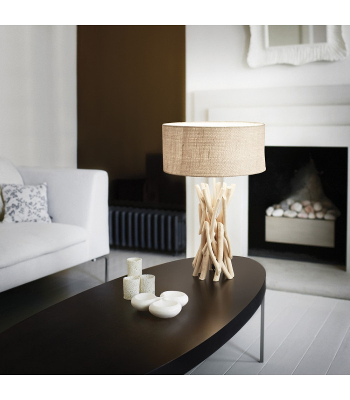 EU Plug - Driftwood 1 Light Table Lamp Brown, Beige with Shade, E27
