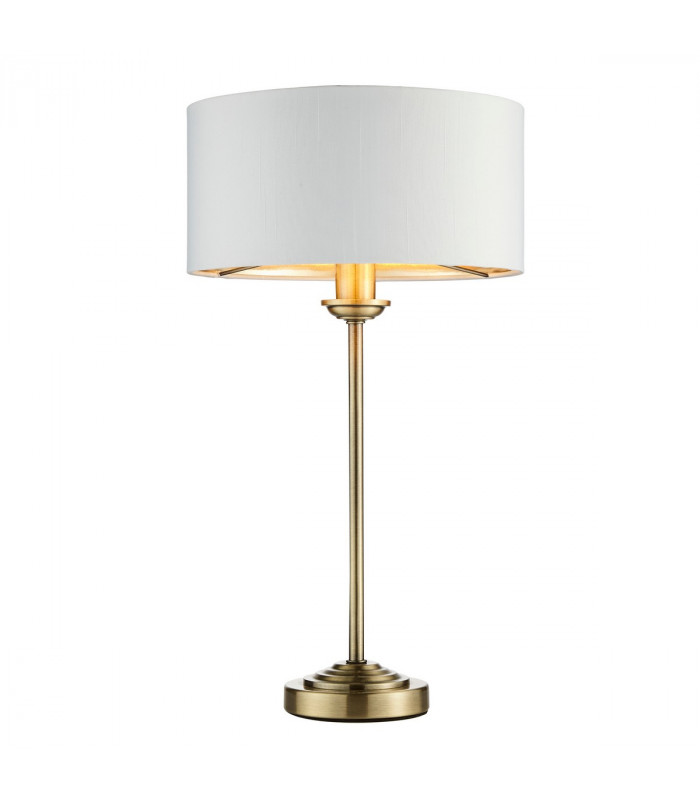 Highclere 1 Light Table Lamp Antique Brass Plate Vintage White Fabric-1