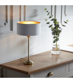 Highclere 1 Light Table Lamp Antique Brass Plate Vintage White Fabric-2