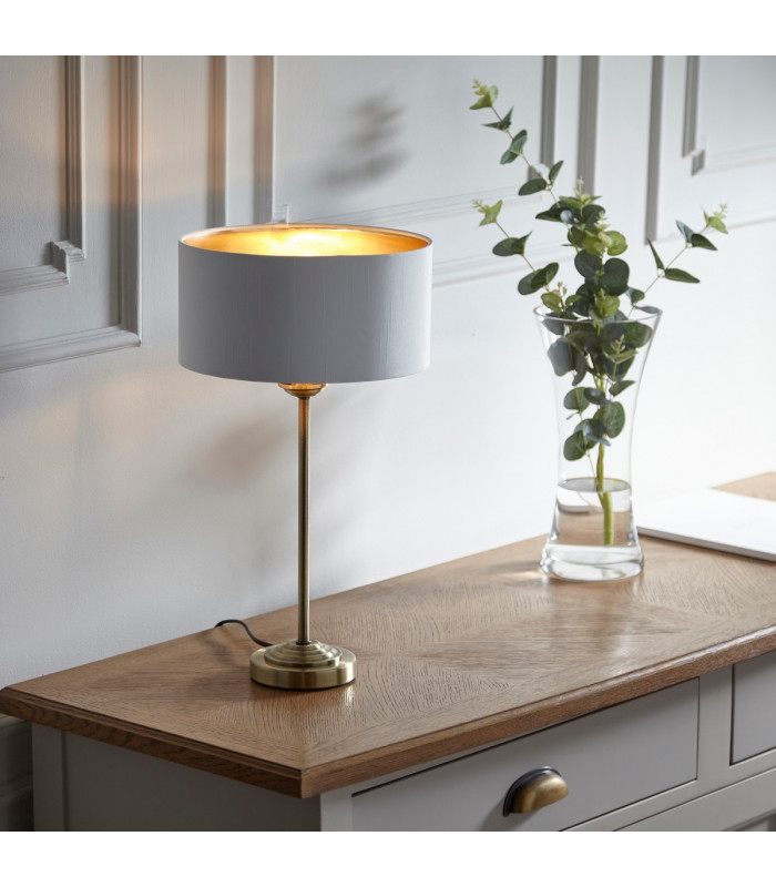 Highclere 1 Light Table Lamp Antique Brass Plate Vintage White Fabric-2