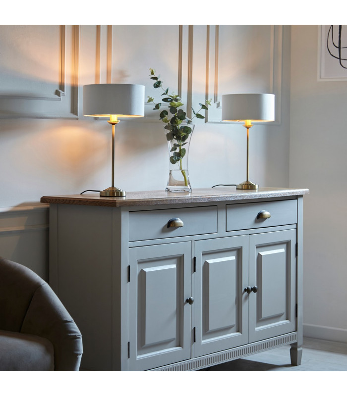 Highclere 1 Light Table Lamp Antique Brass Plate Vintage White Fabric-3