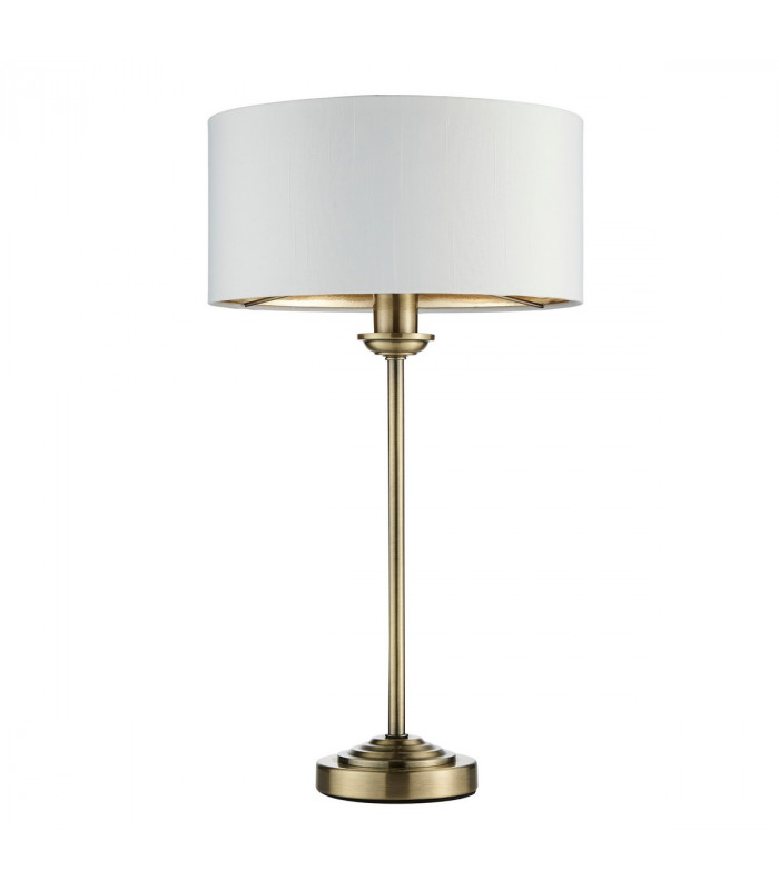Highclere 1 Light Table Lamp Antique Brass Plate Vintage White Fabric-8