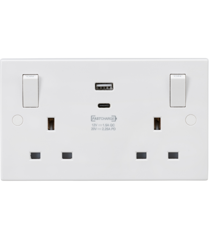 Knightsbridge 13A 2G Switched socket with outboard rockers and dual USB (A+C) QC18W / USB-PD 45W - SN9003
