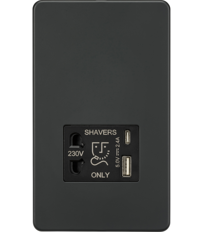 Knightsbridge Shaver socket with dual USB A+C (5V DC 2.4A shared) - Anthracite - SF8909AT-1
