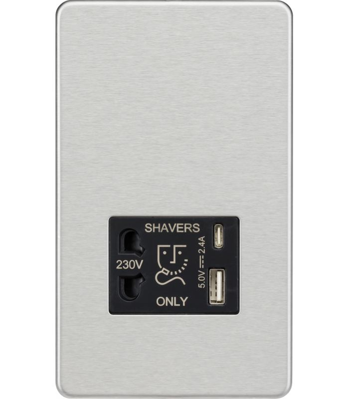 Knightsbridge Shaver socket with dual USB A+C (5V DC 2.4A shared) - brushed chrome with black insert - SF8909BC-1