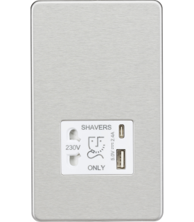 Knightsbridge Shaver socket with dual USB A+C (5V DC 2.4A shared) - brushed chrome with white insert - SF8909BCW-1