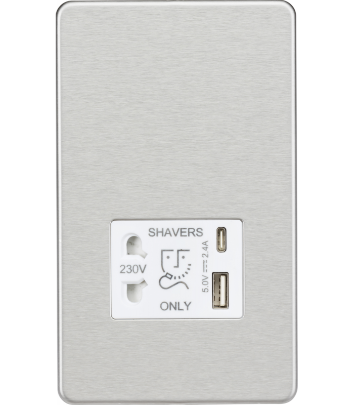 Knightsbridge Shaver socket with dual USB A+C (5V DC 2.4A shared) - brushed chrome with white insert - SF8909BCW-1