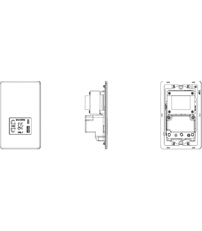 Knightsbridge Shaver socket with dual USB A+C (5V DC 2.4A shared) - brushed chrome with white insert - SF8909BCW-2