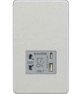 Knightsbridge Shaver socket with dual USB A+C (5V DC 2.4A shared) - brushed chrome with grey insert - SF8909BCG-1