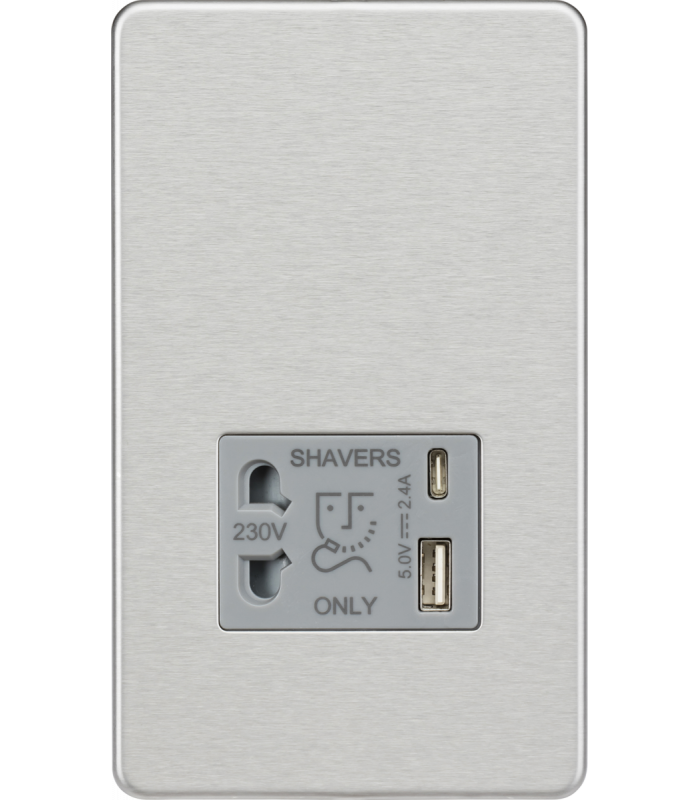 Knightsbridge Shaver socket with dual USB A+C (5V DC 2.4A shared) - brushed chrome with grey insert - SF8909BCG-1