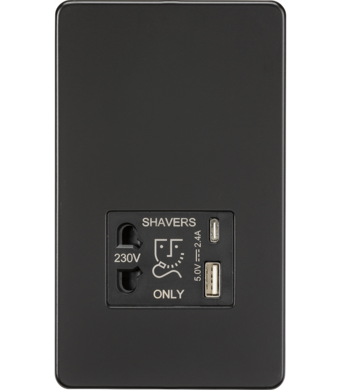 Knightsbridge Shaver socket with dual USB A+C (5V DC 2.4A shared) - matt black - SF8909MB-1