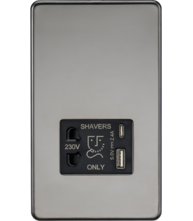 Knightsbridge Shaver socket with dual USB A+C (5V DC 2.4A shared) - black nickel - SF8909BN-1