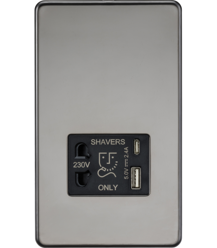 Knightsbridge Shaver socket with dual USB A+C (5V DC 2.4A shared) - black nickel - SF8909BN-1