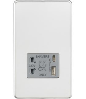Knightsbridge Shaver socket with dual USB A+C (5V DC 2.4A shared) - polished chrome with grey insert - SF8909PCG-1