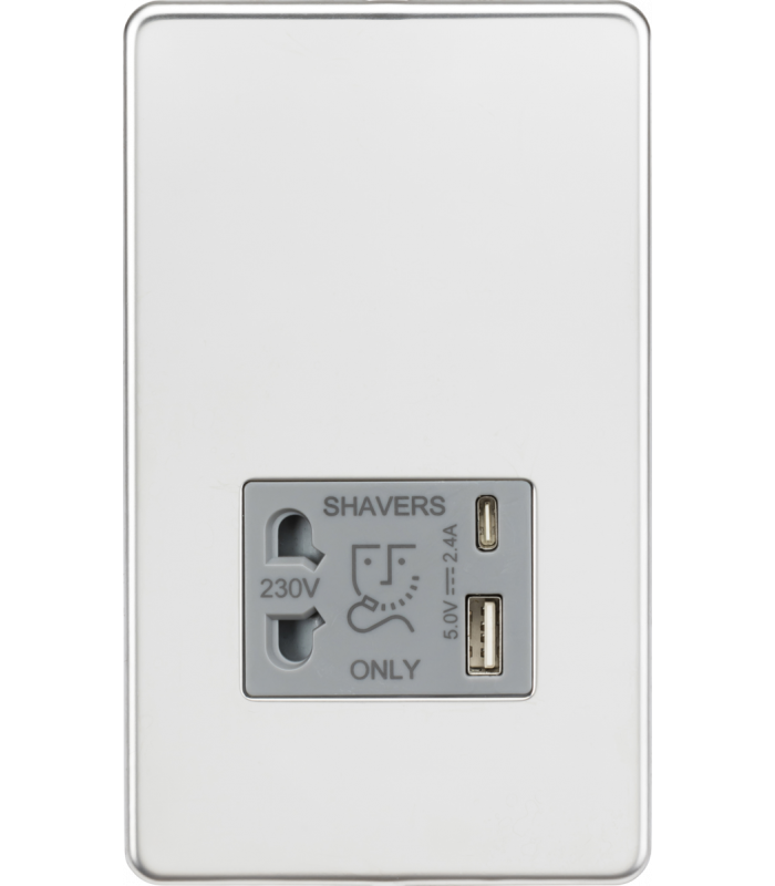 Knightsbridge Shaver socket with dual USB A+C (5V DC 2.4A shared) - polished chrome with grey insert - SF8909PCG-1