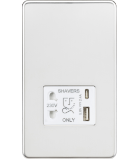 Knightsbridge Shaver socket with dual USB A+C (5V DC 2.4A shared) - polished chrome with white insert - SF8909PCW-1