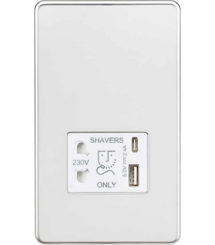 Knightsbridge Shaver socket with dual USB A+C (5V DC 2.4A shared) - polished chrome with white insert - SF8909PCW-1