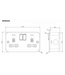 Knightsbridge Metal Clad 13A 2G DP switched socket with neon - MR9000N-2